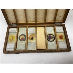 W. Watson & Sons Ltd lacquered brass compound microscope circa 1910, the back foot signed W. Watson & Sons Ltd, 313 High Holborn London and numbered 8193, together with a boxed collection of glass microscope biological sample slides
