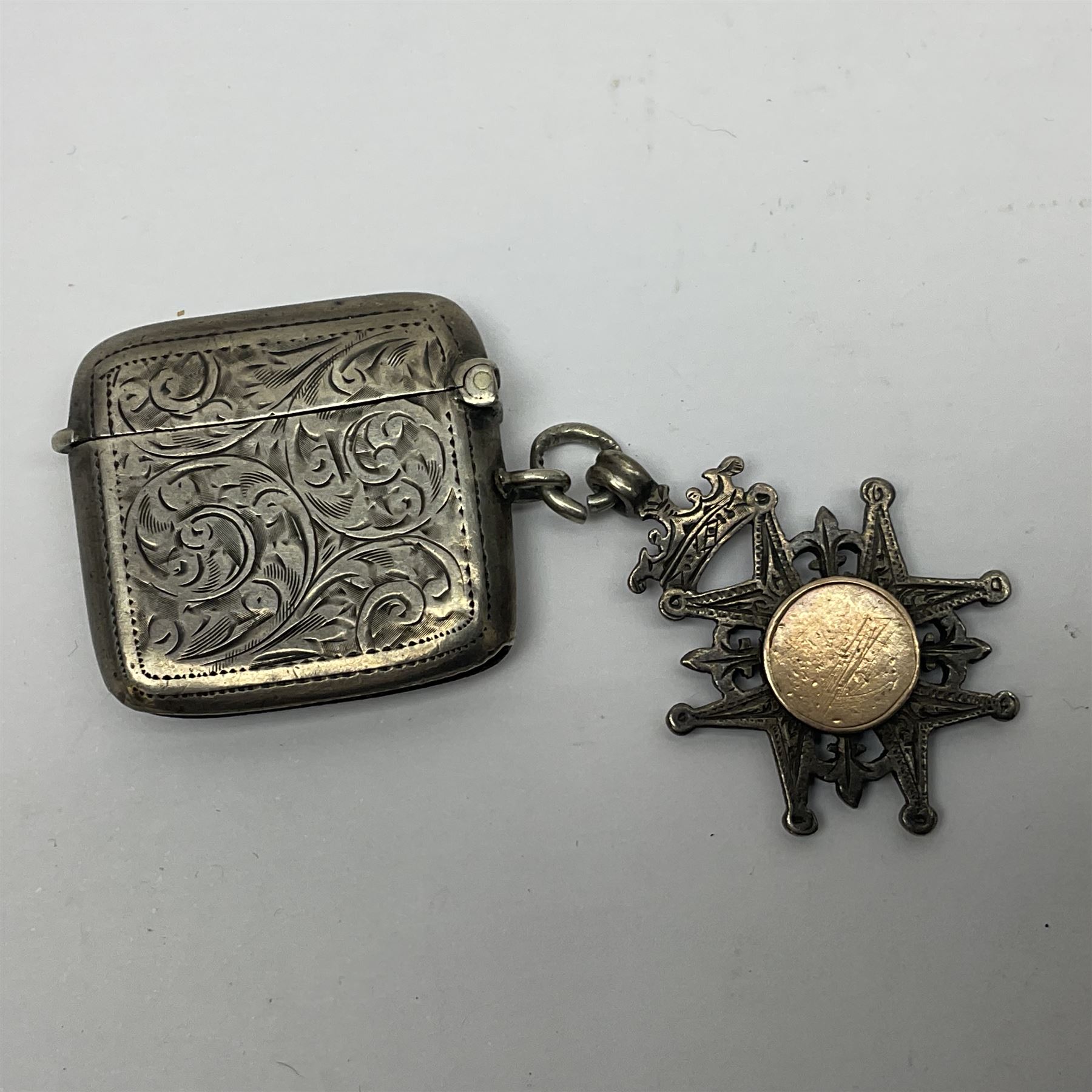 Edwardian silver open faced lever pocket watch, with subsidiary seconds dial, by WE Watts Nottingham, hallmarked William Ehrhardt, Birmingham 1906, together with a silver Albert chain, silver tiger's eye unicorn fob, and a silver vesta case with double sided fob, all hallmarked 