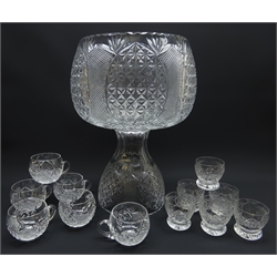  Impressive heavy cut glass crystal punch bowl on stand with hobnail and fan cut body, H43cm with six mugs and six tumblers, possibly Royal Brierley   