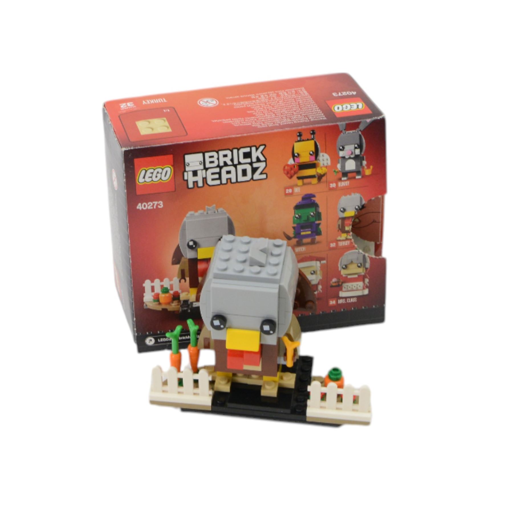 Six Lego Brick Headz built figures, including 40353 Elf, Reindeer and Elfie, 40274 Mr Claus and Mrs Claus, 40349 Puppy, 40186 Year of the Pig, 40273 Turkey and 40271 Bunny, all boxed 