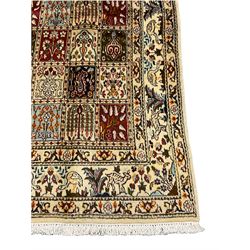 Persian Heriz design rug, ivory ground with rectangular panels each depicting garden scenes of tree of life, plants and Boteh motifs, the guarded border decorated with wildlife and bird scenes