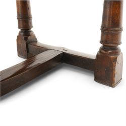 Jacobean design elm and oak refectory dining table, rectangular three plank top with cleated ends, moulded frieze rails on turned supports united by moulded stretcher rail