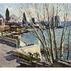 Evgeni Fedorovich Zherdzitski (Ukrainian 1928-): 'Spring, Crimea, Gurzut', oil on canvas signed and dated 1963, inscribed and labelled verso 58cm x 64cm 