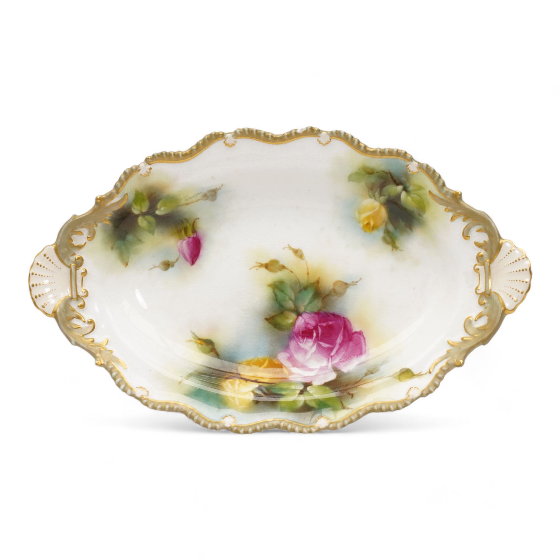 Early 20th century Royal Worcester twin handled dish, painted with roses and buds, within a green and gilt moulded border, signed by J. Lander, L31cm, together with a Royal Worcester vase hand painted with roses, no. 2491, unsigned (2)