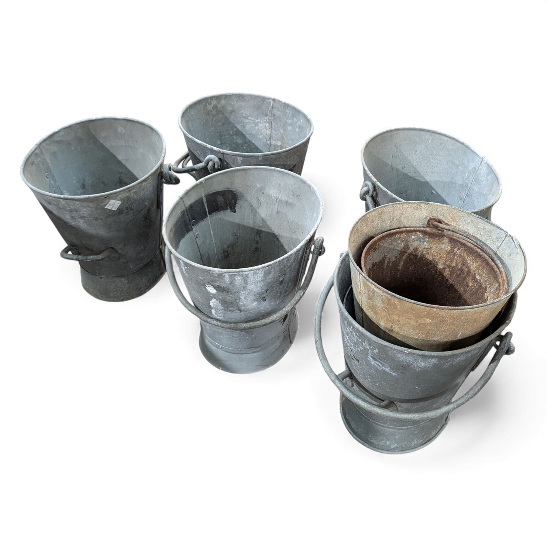 Five large railwayana five coal buckets, together with two others, H50cm W40cm
