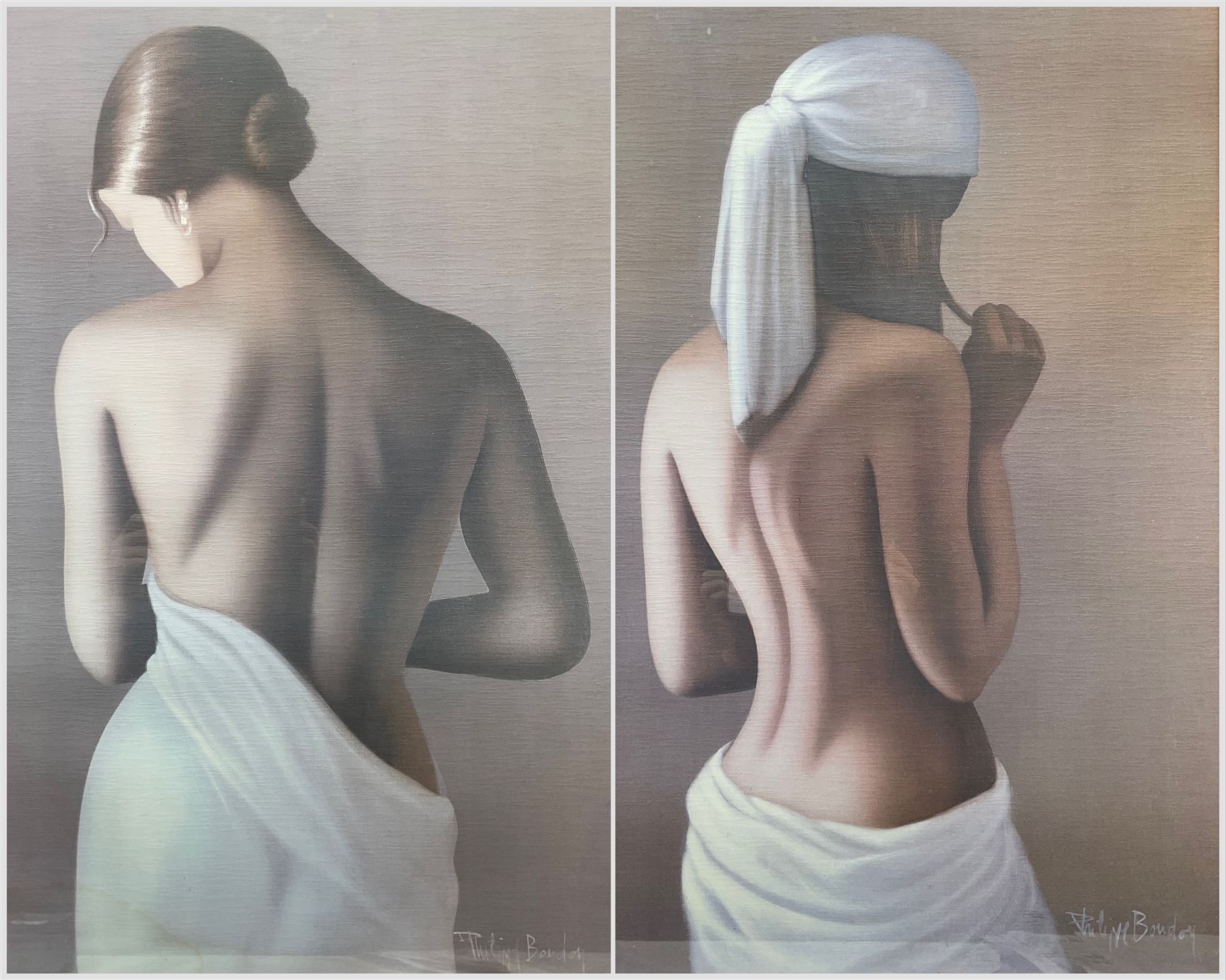 After Philippe Boudoy (Spanish 20th Century): Ladies with Draped Robes, pair of prints 69cm x 49cm (2)