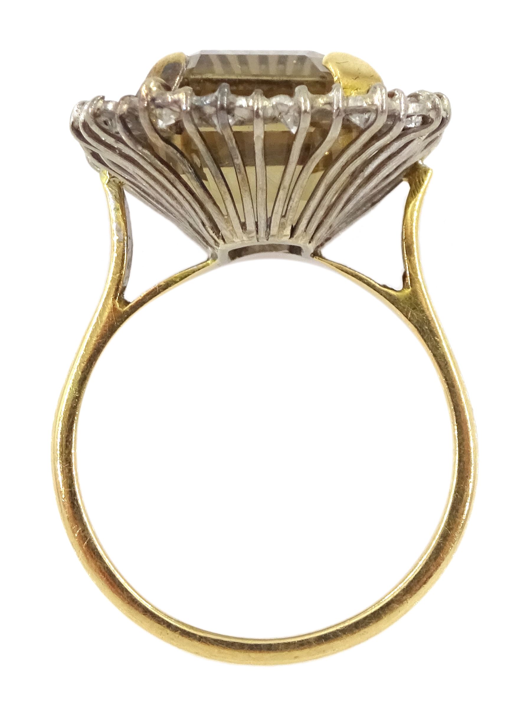 Gold emerald cut citrine/smoky quartz and diamond ring, stamped 18ct 
