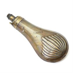 Arab jambiya with simulated amber handle and leather sheath, African dagger with horn handle and a copper shot flask (3) 