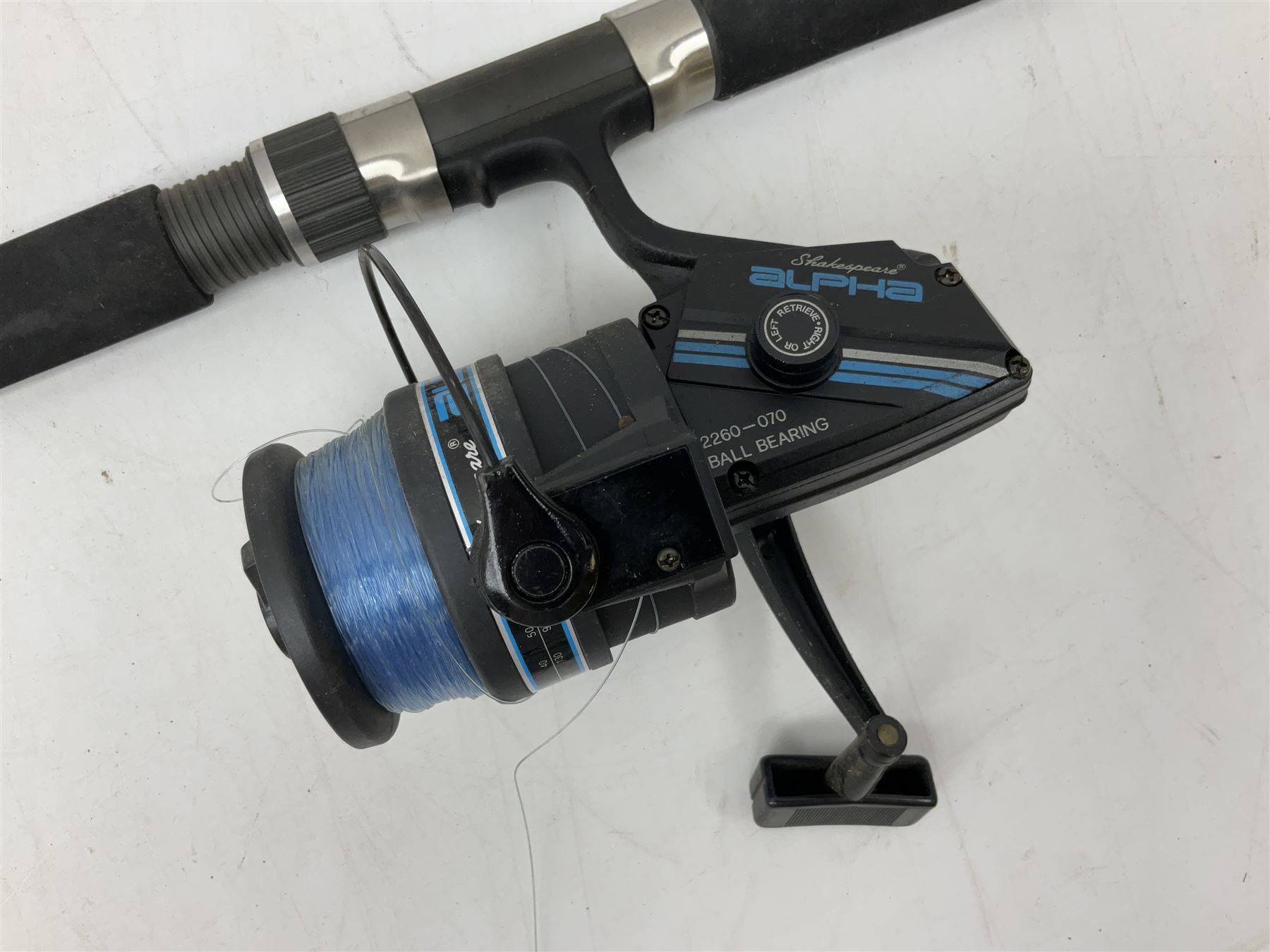 Shakespeare 'Composite Beachcaster 1332-300' 10ft two piece rod with Shakespeare alpha reel, Elastiglas two piece fly rod, Ryobi Masterline carbon fibre 'Pioneer PIF 85 Fly 8' 6
