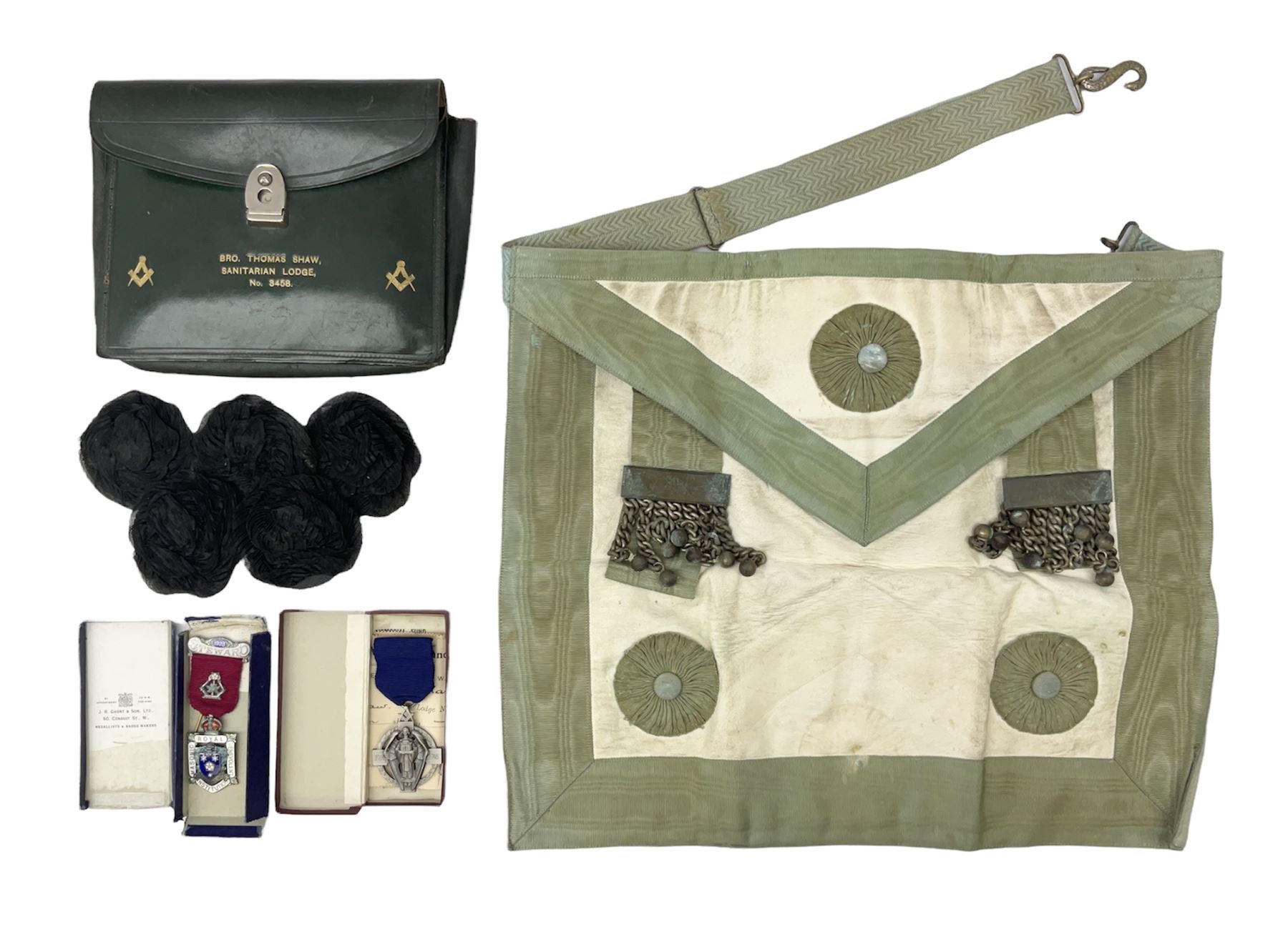 Collection of Masonic items, to include silver WWI 1914-1918 commemorative medallion named 'Bro J. Thompson No. 3458, hallmarked Birmingham 1923, silver and enamelled Masonic Steward medallion hallmarked Birmingham Spencer & Co, 1922, Masonic apron etc