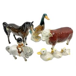 Beswick Champion of Champions Hereford bull figure no 1360, Beswick Norman Thelwell An Angel on Horseback no 2704A, and three other Beswick figures to include Arab Bay horse, Mallard and Comical Duck Family, all with printed or impressed marks beneath, largest H17.5cm