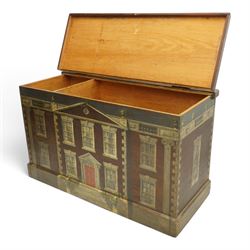 19th century camphor wood blanket box, hinged lid enclosing division, on chamfered plinth base, painted to represent a Georgian town house, fitted with iron strap hinges 