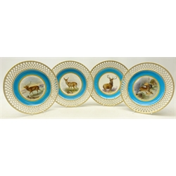  Set of four late Victorian Minton cabinet plate hand painted with stags after Edwin Landseer, by Henry Mitchell, on turquoise ground within a pierced gilt basket weave border, with T. Goode & Co. retail stamp, c1879, pattern no. G739, D25cm (4) Provenance Property of Bob Heath, Brandesburton Formerly of Ravenfield Hall Farm near Rotherham  
