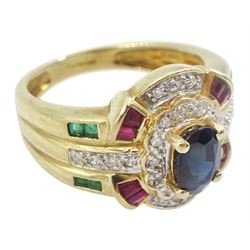 9ct gold oval sapphire, calibre cut emerald, ruby and diamond chip dress ring, hallmarked