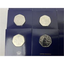 Mostly United Kingdom Queen Elizabeth II commemorative fifty pence coins, including 2019 'Gruffalo', 2020 'Iguanodon', 2022 'The Queen's Jubilee' etc, housed on cards, face value of UK coins approximately 20 GBP