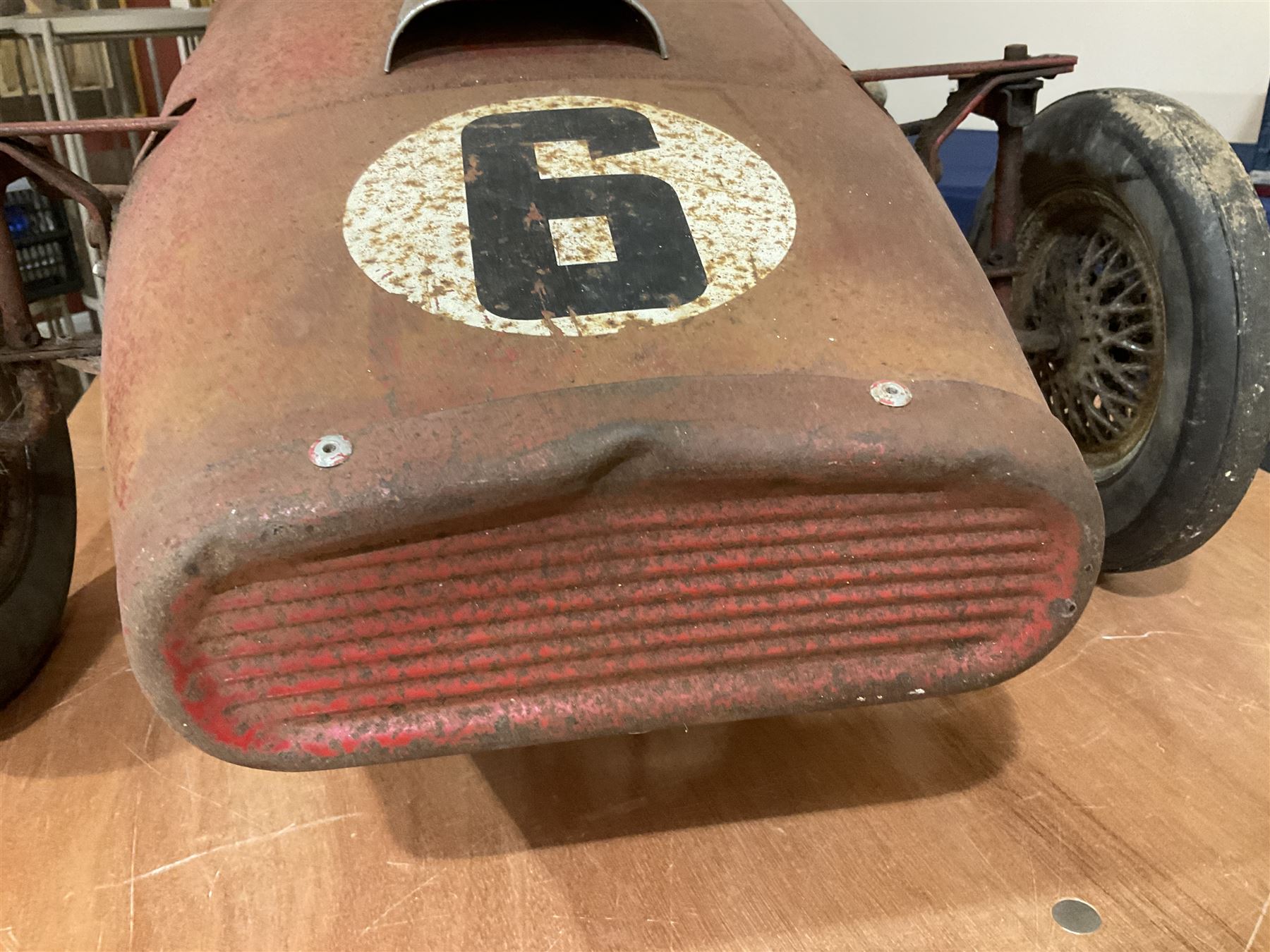 Tri-ang pressed steel Grand Prix Vanwall child’s pedal racing car, English 1960s, finished in red with racing No.3, original white plastic steering wheel, metal bucket seat, bonnet air intake, chrome plated side exhaust, chrome spoked wheels with chrome plated spinners, black solid rubber tyres L121cm W53cm H46cm)