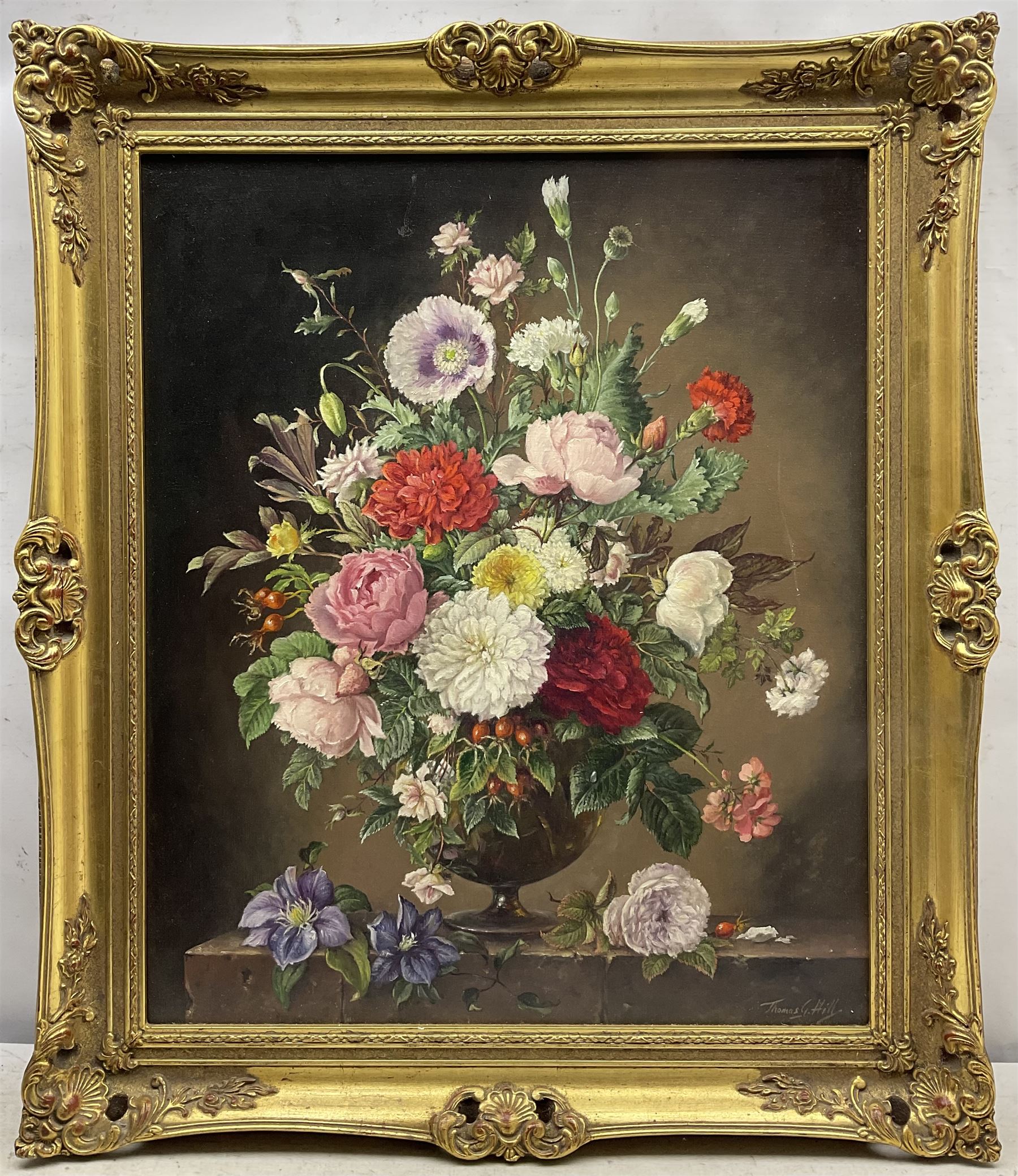 Thomas G Hill (British 20th Century): Still Life of Flowers in a Vase, oil on canvas signed 59cm x 49cm 