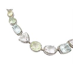 Multi gemstone set necklace, including aquamarine, morganite, heliodor and beryls, each with round brilliant cut diamond surround, with pair of similar pendant stud earrings, total gemstone weight approx 119.65 carat,  diamond weight approx 6.30 carat
