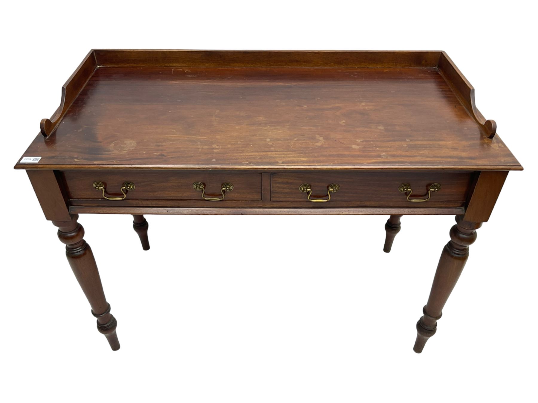Victorian design mahogany washstand, raised back over rectangular moulded top, fitted with two drawers, on turned supports
