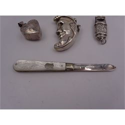 Group of novelty silver items, comprising man in the moon vesta case, perfume pendant and a whistle, unmarked but test silver, together with a mother of pearl handled silver fruit knife, silver cigarette case, both hallmarked and a small quantity of silver threepences