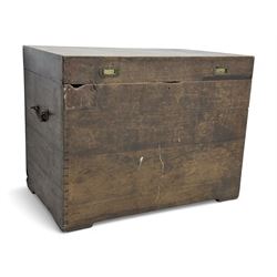 Early 20th century oak blanket chest, of rectangular form with iron strap hinges and surface-mounted drop handles, the interior fitted with iron lid stays, on bracket feet