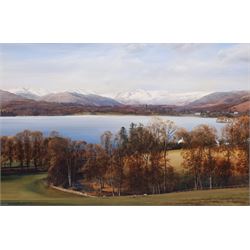 Alan R Thompson (British 1953-): Langdale Pikes covered in Snow, oil on canvas signed, dated 1988 verso 49cm x 75cm
Provenance: with La Galerie d'Art Windermere, label verso