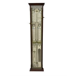 Comitti of London - 20th-century replica mahogany Fitzroy barometer, in a fully glazed case with full-sized Fitzroy charts and weather predictions, with two adjustable recording pointers, spirit thermometer and storm glass, barometric pressure recorded in inches, cistern tube in good condition and containing mercury.