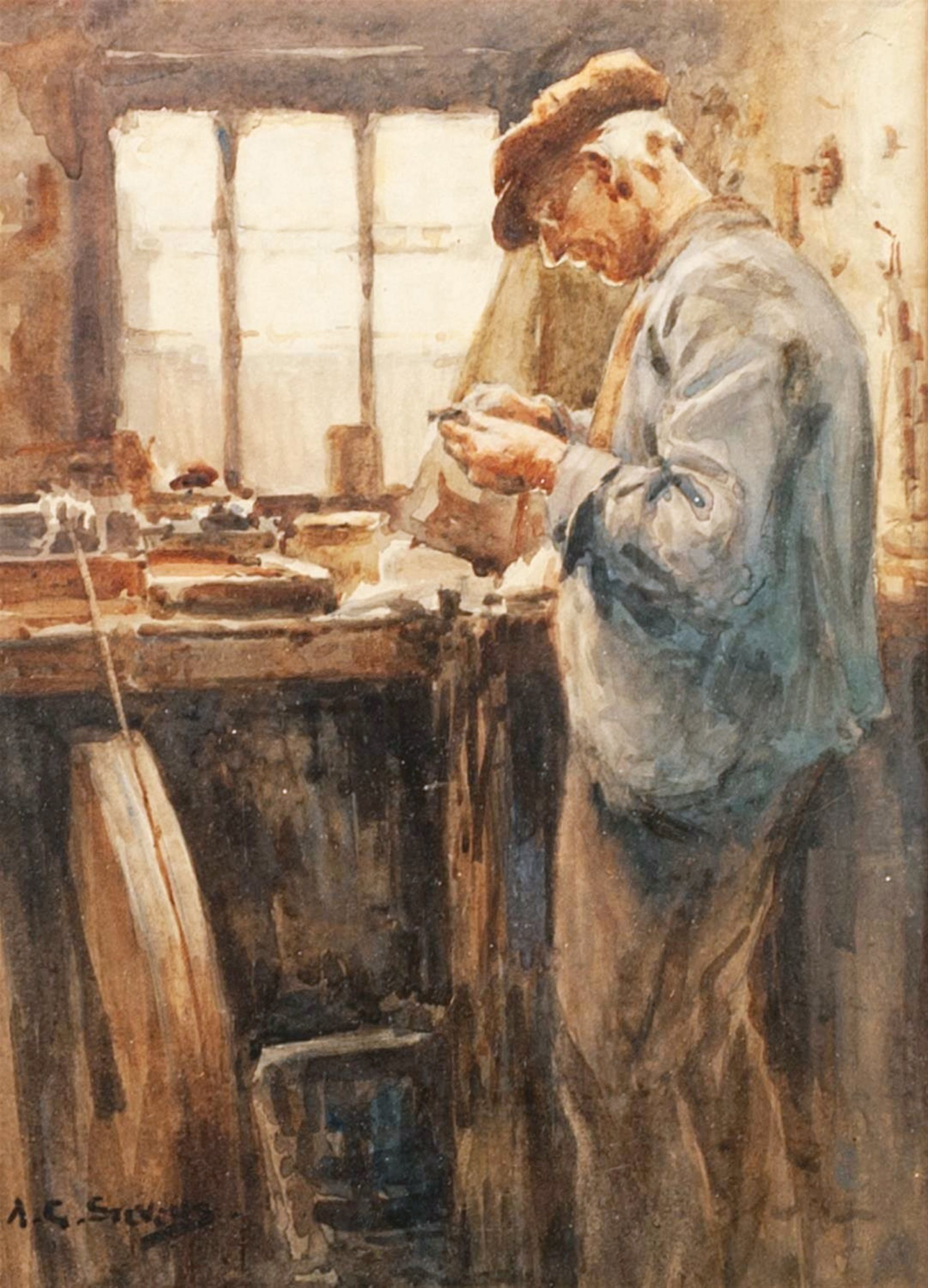 Albert George Stevens (Staithes Group 1863-1925): A Whitby Jet Worker, watercolour signed 30cm x 16cm