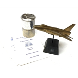  Cast metal model of a lightening MK6, stamped 'RT' to the belly, made for the administration wing officers on closure of RAF Binbrook in 1988, approximately 20 are reported to have been made, a refueling probe from a lightening MK6 aircraft with a plaque attached '...RAF Binbrook 1988' and The Royal Air Force College Cranwell 'The Graduation Parade for No 97 Initial Officer Training Course and No 214 Specialist Entrant & Re-Entrant Course' and 'Graduation Luncheon' booklets (4)  