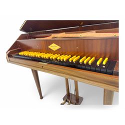 William de Blaise of London- mid 20th century Cembalo Traverso one manual Harpsichord in a teak case, with a five octave F1-f3 compass, two sets of strings and two rows of jacks, with three pedals and one hand stop, with one 8' and one 4', harp and piano to to 8', with a folding music desk and key fall, tuning key and tuning fork.
