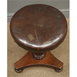  William IV Irish mahogany revolving piano stool stamped 'Gillingtons 6008', upholstered circular seat with rise-and-fall action on carved pedestal and trefoil shaped base with bun feet  
