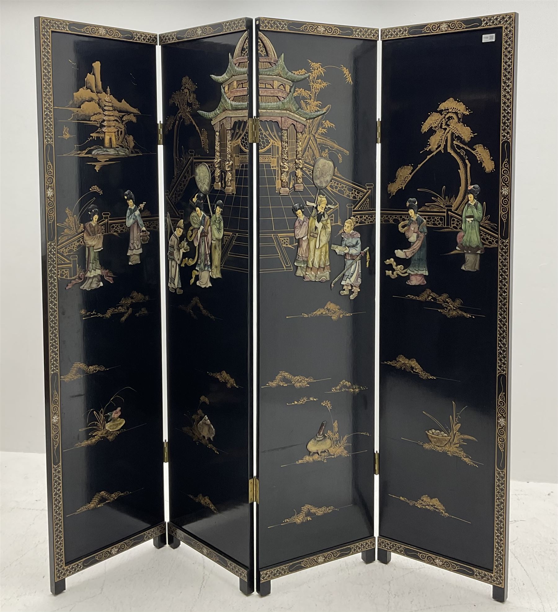 Japanese black lacquered four panel screen, with shibayama type decoration 