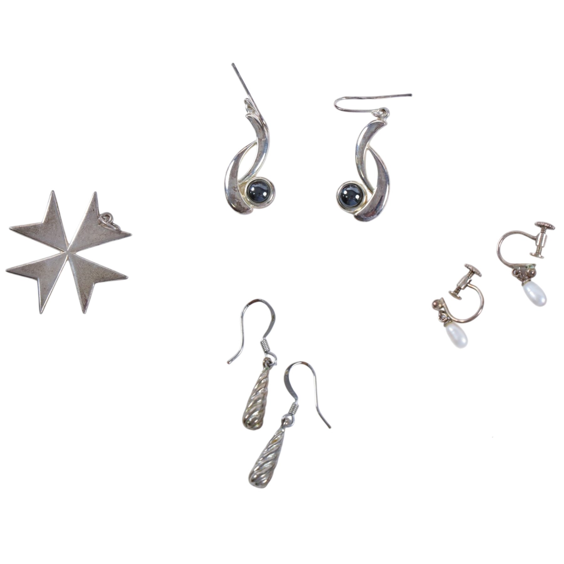 Collection of silver and silver stone set jewellery, including two Pandora rings, cross pendant, brooch, baby bangle, earrings, bracelet and locket, together with a pair of silver plated sugar tongs, jet brooch and copper stamp box