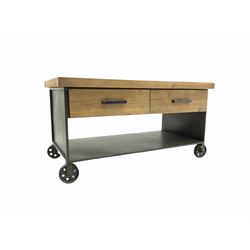 Industrial design pine and metal framed coffee table, fitted with two drawers to either side, on castors 