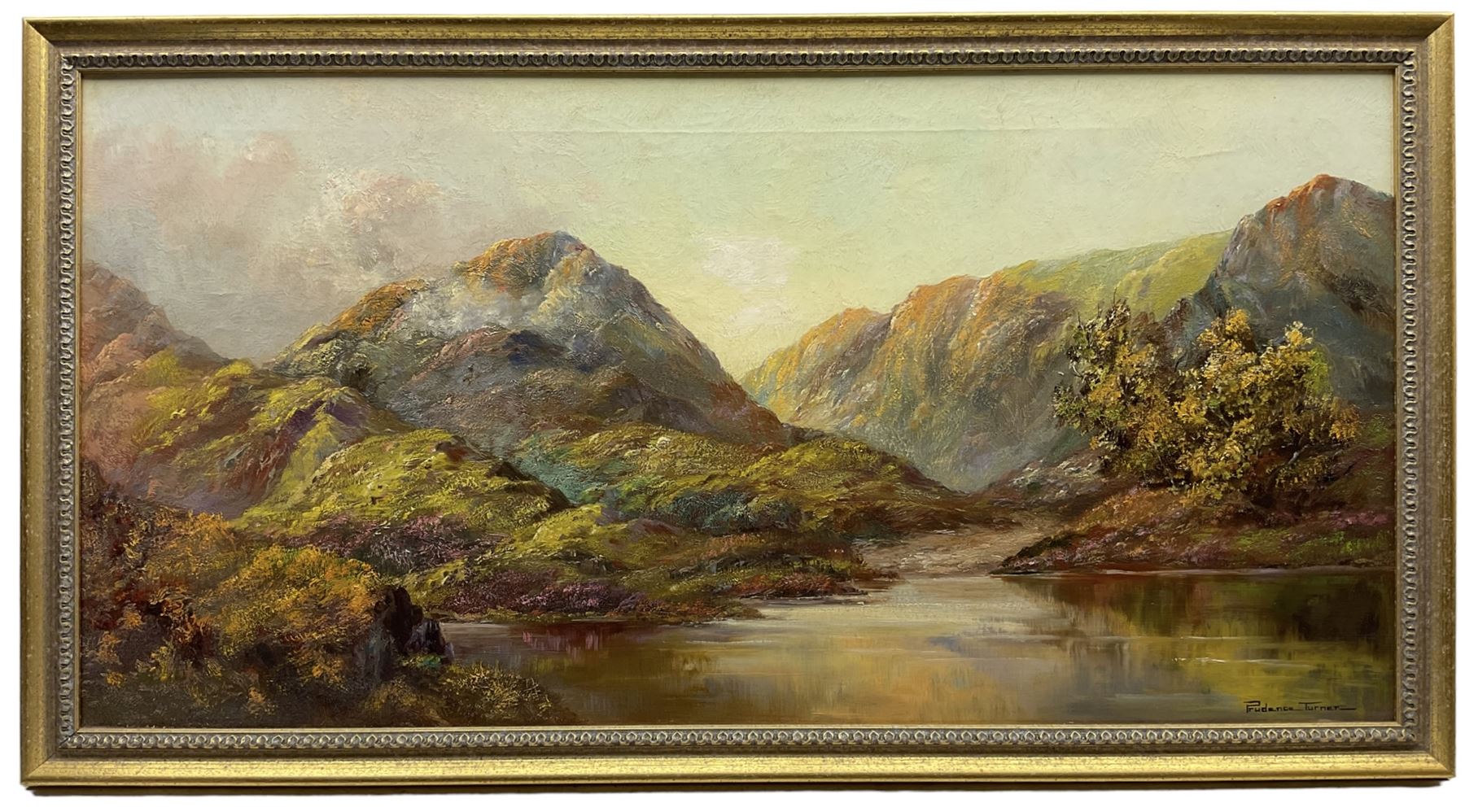 Prudence Turner (Scottish 1930-2007): Mountainous Highland Lake Landscape, oil on canvas signed 50cm x 101cm