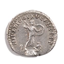 Roman Empire - Domitian (AD 81-96): Silver Denarius coin, obverse laureate head of Domitian right, legend IMP CAES DOMITIAN AVG GERM P M TR P; reverse Minerva standing right, holding spear and shield with owl at feet, legend IMP XXI COS XV CENS P P P; c.AD 90-91, Rome mint
