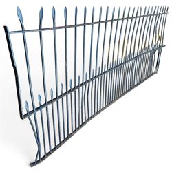 Two sections of painted iron garden or estate boundary railing, comprising a 19th century wrought iron section with graduated spearhead uprights, together with a later hoop-top section with ball-finial end posts, both in blue painted finish