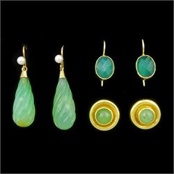 Pair of 18ct gold green stone set circular stud earrings, pair of 14ct gold pendant earrings and one other pair of 9ct gold green stone and pearl pendant earrings
