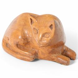 Naive Folk Art carved wooden figure of a recumbent cat, H13cm, L19cm