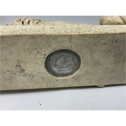 Two early 20th century reconstituted stone Grand Tour or Chatsworth House type lions after Antonio Canova, each modelled in recumbent pose upon a rectangular plinth, signed to plinth Dilettanti, each approximately L31cm