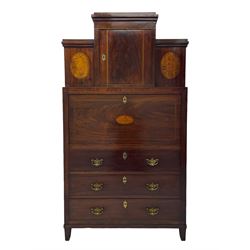 Early to mid-19th century figured mahogany Continental secrétaire à abattant, stepped top fitted with single cupboard, inlaid with oval figured amboyna panels, the fall front inlaid with shell motif enclosing a satinwood interior fitted with cupboard, drawers, and pigeon holes, three long drawers below, on square tapering feet