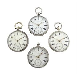 Four Victorian silver open face English lever fusee pocket watches by J.W.Benson, London, Adam Burdess, Coventry and George Hamilton, Montrose,  white enamel dials with Roman numerals and subsidiary seconds dials, hallmarked (4)