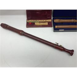 Three wooden recorders - 1970s Schotts 'Concert' three-piece tenor; 1990s Dolmetsch treble, cased; and 1980s Moech descant, cased (3)