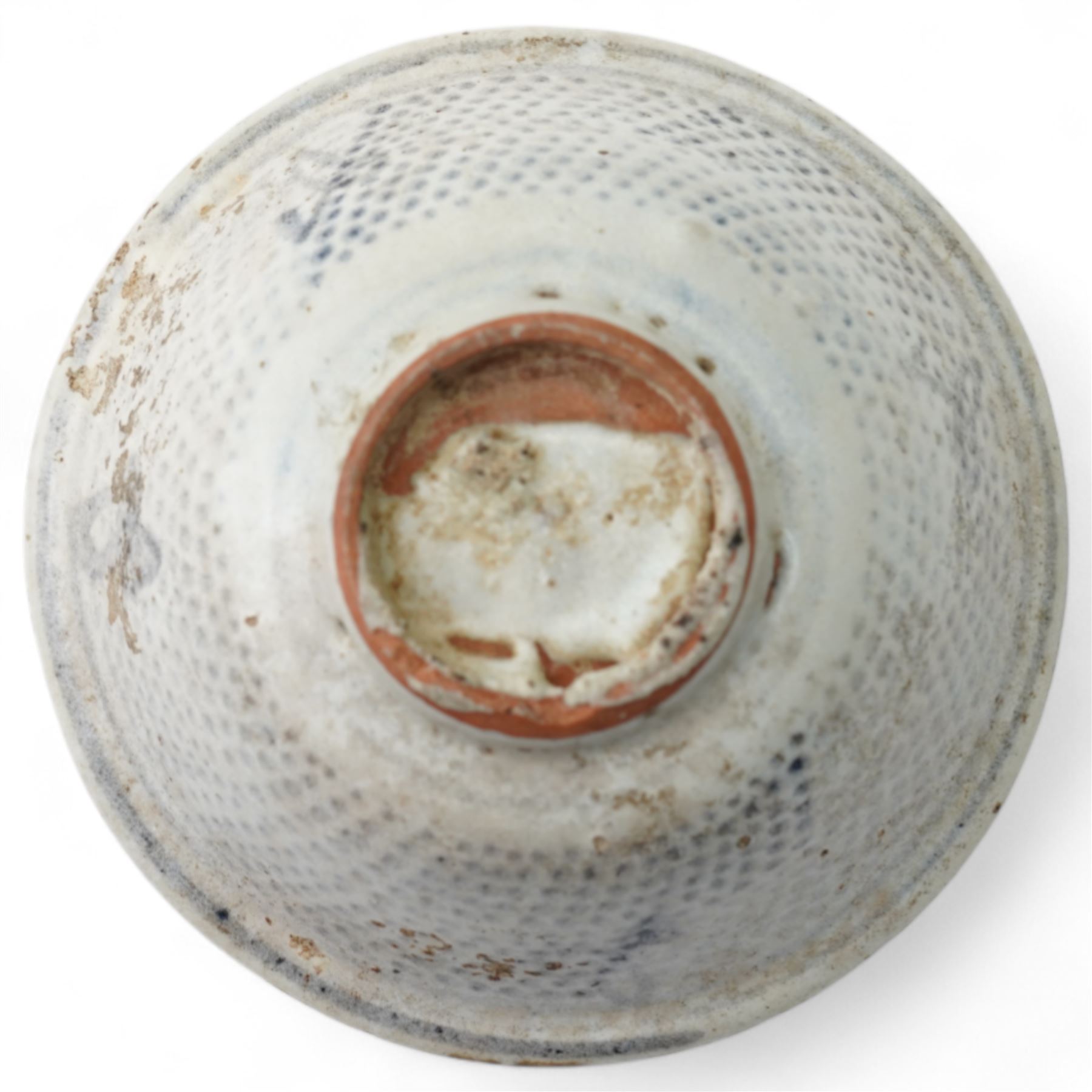 Chinese Early Ming Dynasty blue and white glazed bowl decorated with spotted pattern and central flower, c.1368AD-1644AD, D11cm; together with a small saucer with internal painted cockerel, D7cm (2)