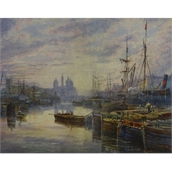  Thomas 'Tom' Dudley (British 1857-1935): 'Prince's Dock Hull with St Johns Church and Wilberforce Monument in the distance', watercolour signed and dated 1880, 27cm x 35cm
Provenance: private collection purchased David Duggleby Ltd. 3rd March 2008 Lot 90; illus. Marine Painting in Hull through Three Centuries pp.203 