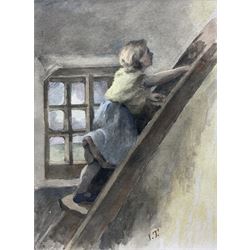 Isabella 'Isa' Jobling (nee Thompson) (Staithes Group 1851-1926): 'The Miller's Daughter' - Climbing the Ladder, watercolour signed with initials, titled on gallery label with artist's original address label verso 15cm x 11cm 
Provenance: exh. the Dean Gallery, Newcastle, January 1989, label verso 
Notes: one of three illustrations Isa painted for the Alfred Tennyson poem of the same titled. Painted after her marriage to Robert Jobling in 1893.