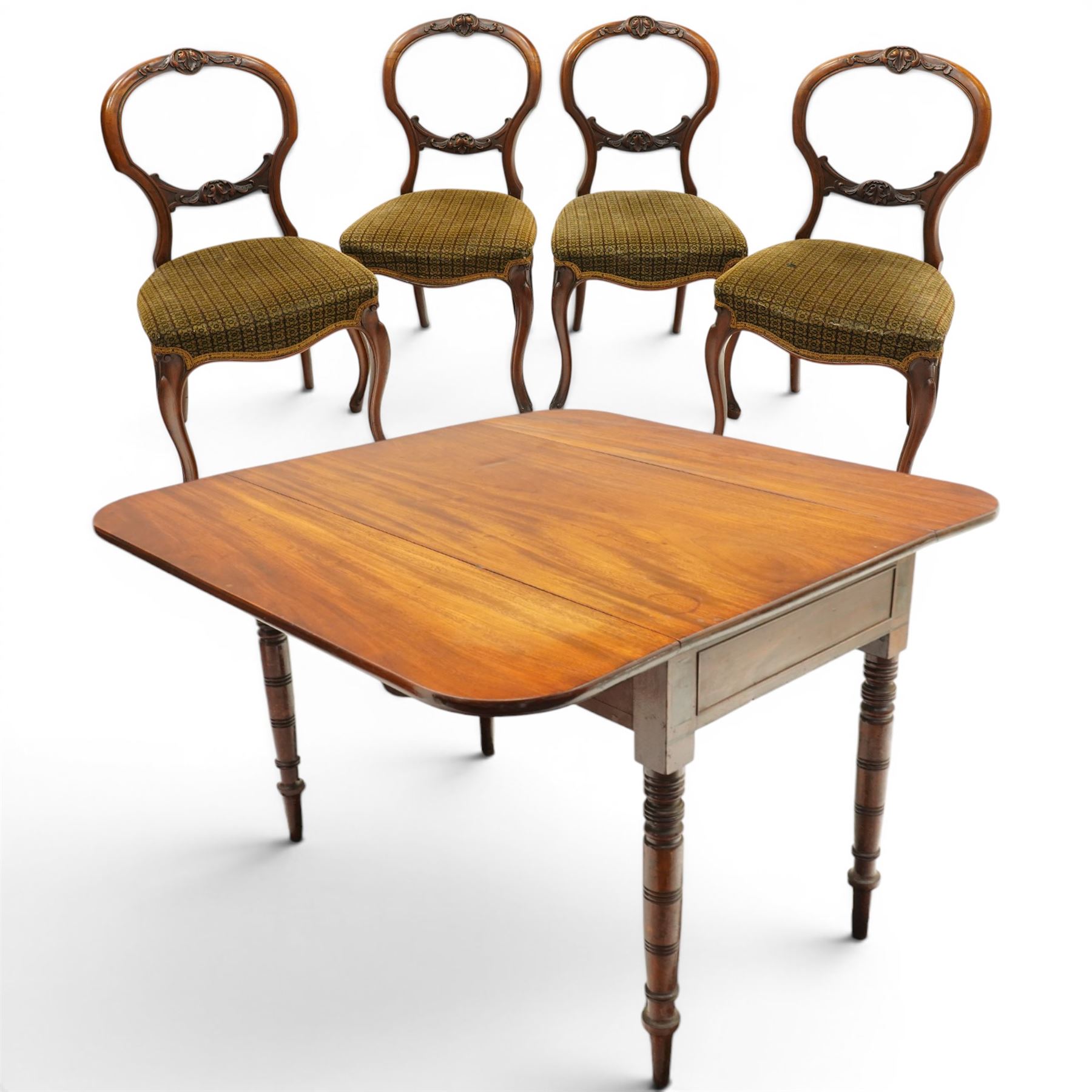 Victorian mahogany drop-leaf tea table, with set four Victorian balloon back dining chairs (Chairs H 86cm, D 43cm, W 45cm)