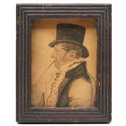 English School (19th century): Profile Portrait of a Regency Man in a Patterned Cravat, watercolour, inscribed 1833 J W Gregory Pointer London beneath the frame verso 9cm x 6.5cm
