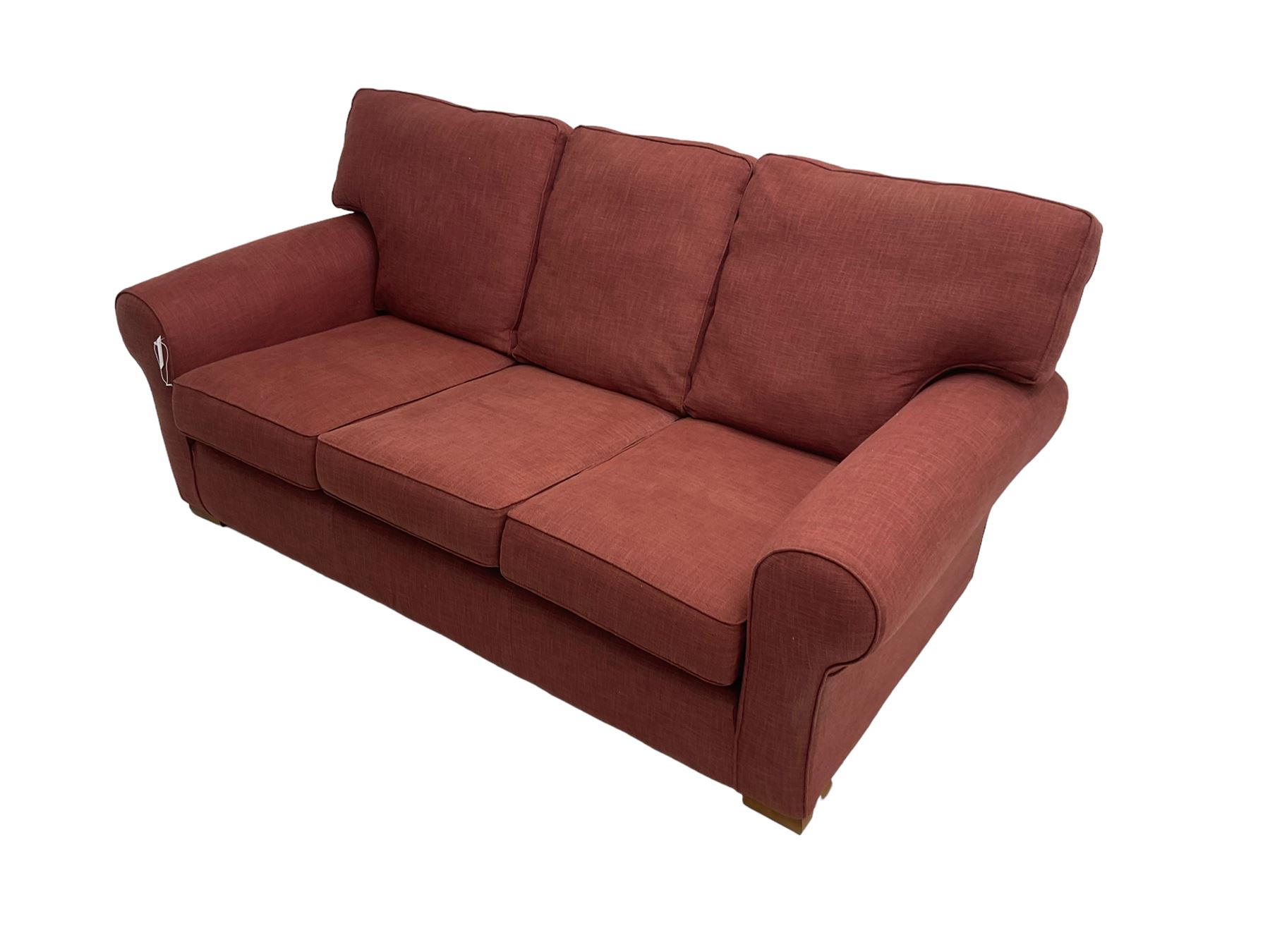 Multiyork - traditional three seat sofa upholstered in claret red fabric (W200cm H80cm); and pair matching armchairs (W103cm) 