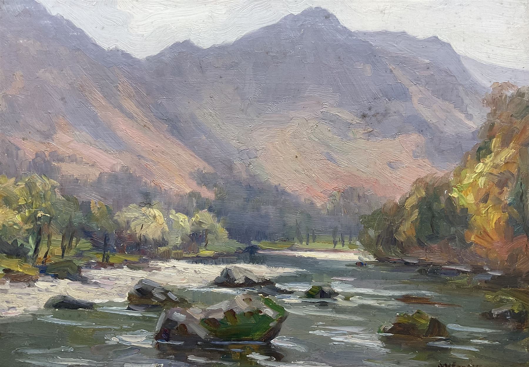 Augustus William Enness (British 1876-1948): Highland River, oil on panel signed 24cm x 34cm